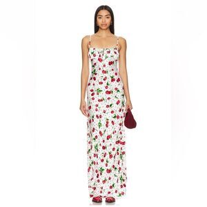 NWT Leslie Amon Cherry Print Slip Maxi Dress Revolve lingerie gown bias cut M